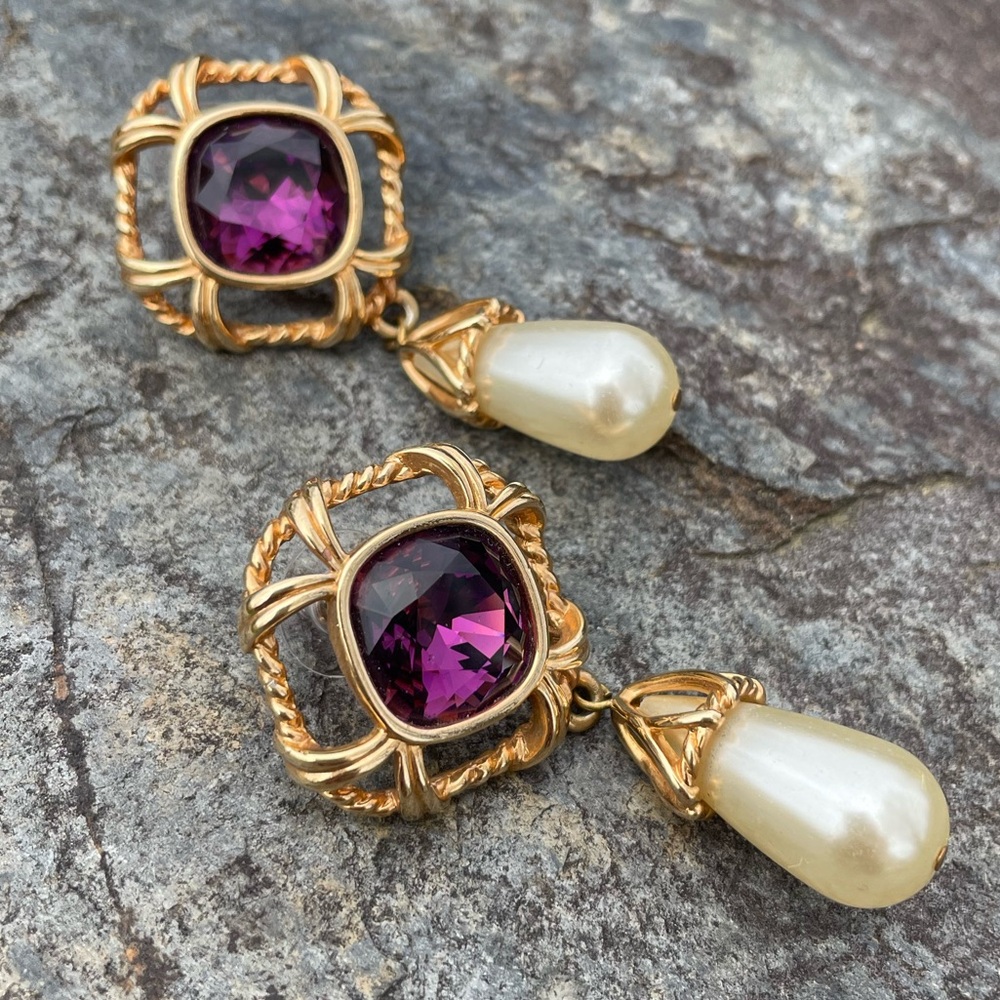 Vintage Swarovski Pearl Drop Large Purple Crystal Earrings - Picture 4 of 9